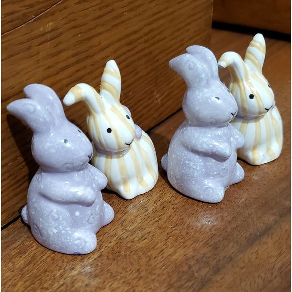 2 sets Purple & Peach Striped Quilted Bunny Mini Salt & Pepper Shakers rabbit - Picture 2 of 10